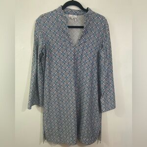 Jude Connally Megan Shift Dress V-Neck 3/4 Sleeve Blue Print Mod Cloth Tunic L